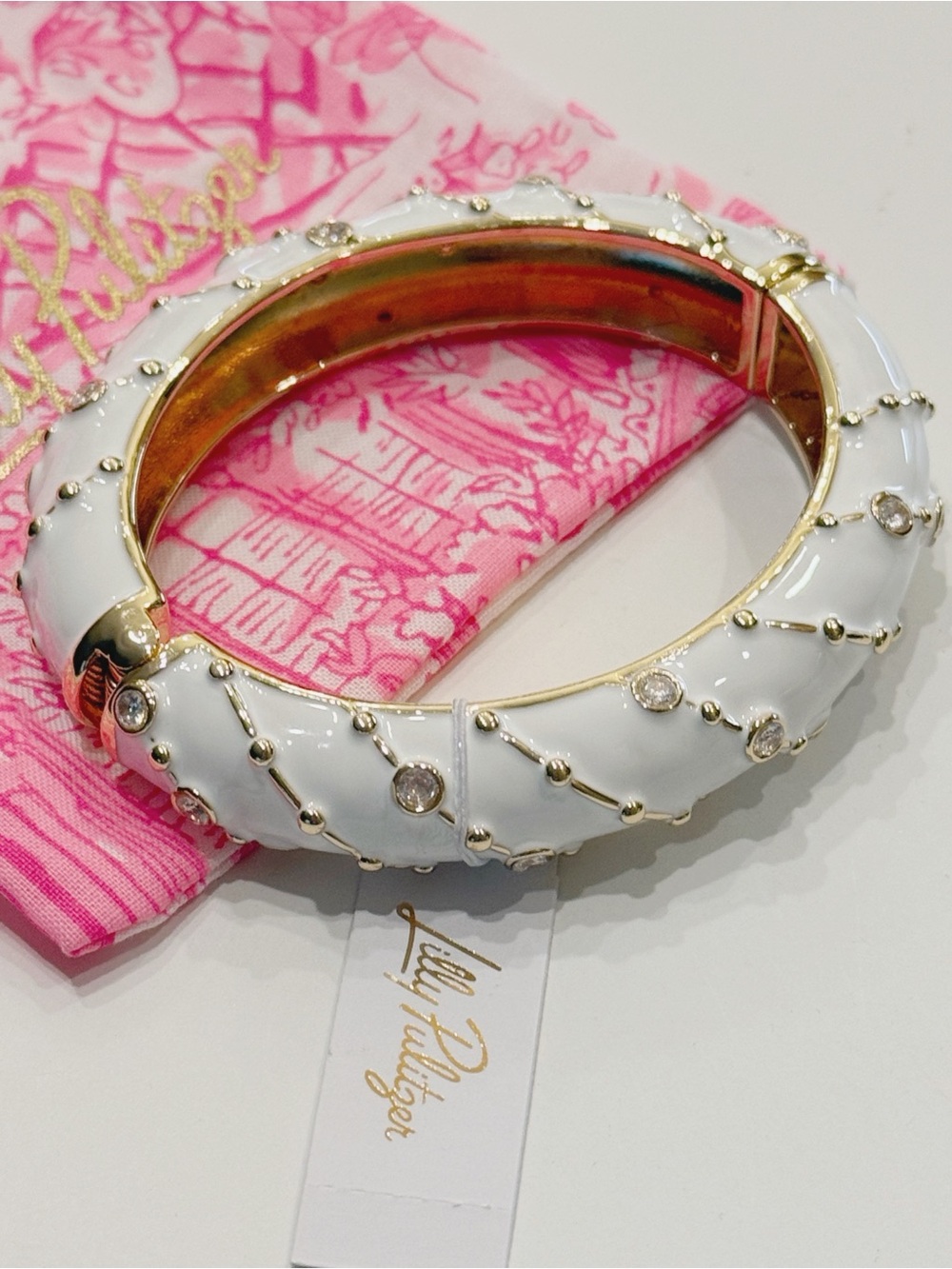 Lilly Pulitzer, mumbo jumbo White Gold Enamel Bangle Bracelet crystal details
